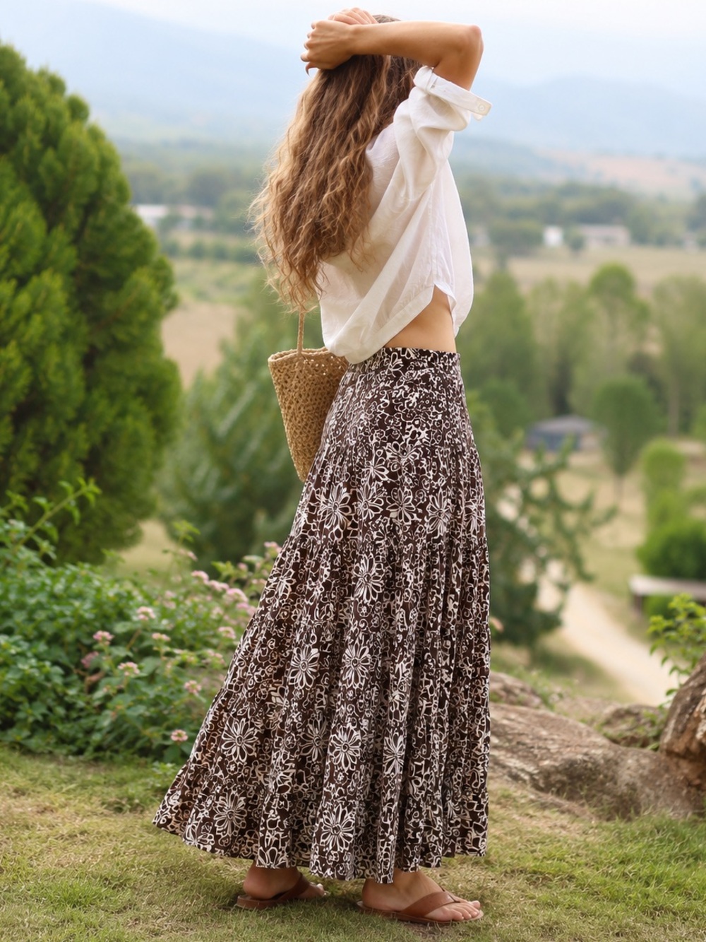 Jones New York Brown Ivory Floral Tiered Maxi Skirt Boho Granola Cotton 10